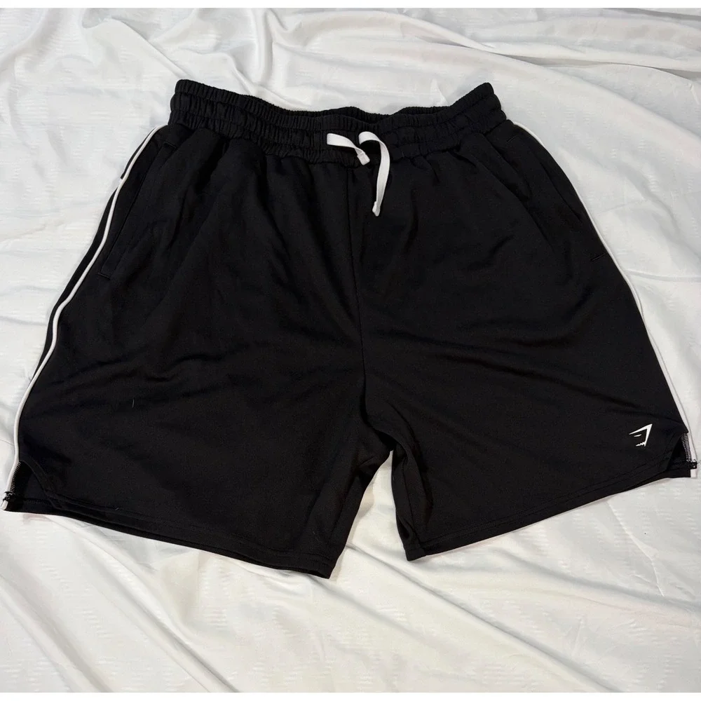Gymshark Mens Black Athletic Shorts White Piping Mesh Drawstring Size Large